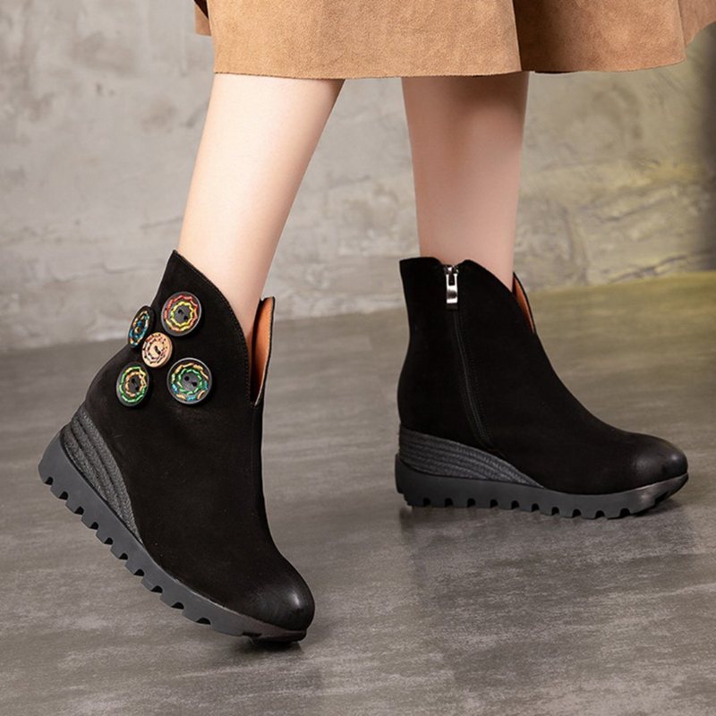 Kvinner Leather Bottons Platform Retro Boots