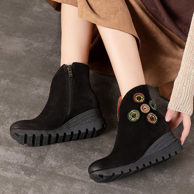 Kvinner Leather Bottons Platform Retro Boots