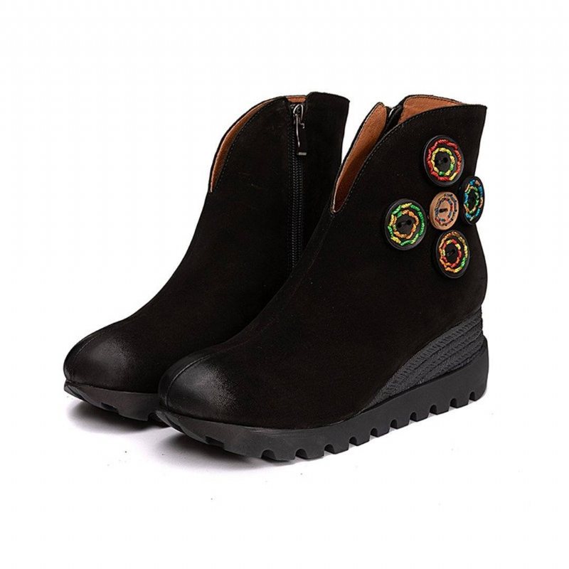 Kvinner Leather Bottons Platform Retro Boots