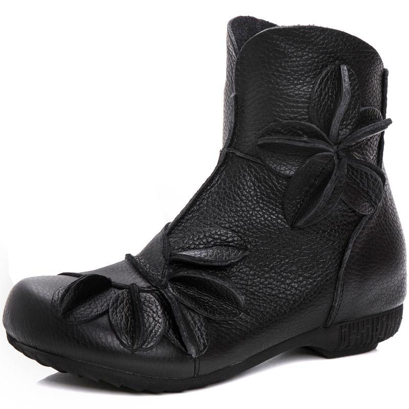 Leather Etnisk Stil Single Flowers Boots