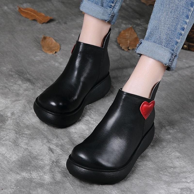 Retro Leather Wedge Back Zipper Boots