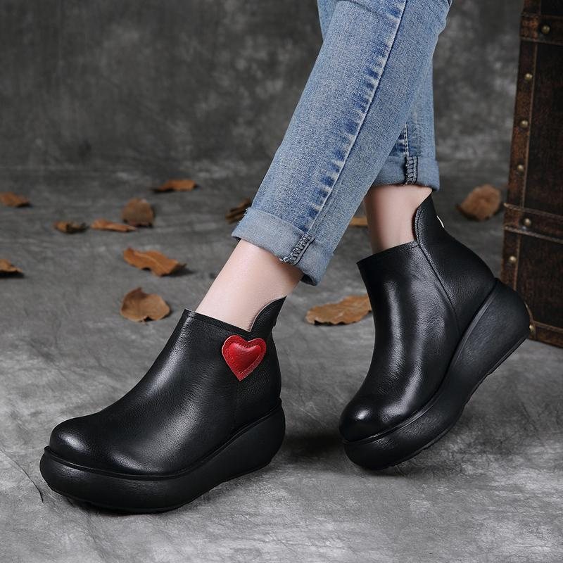 Retro Leather Wedge Back Zipper Boots