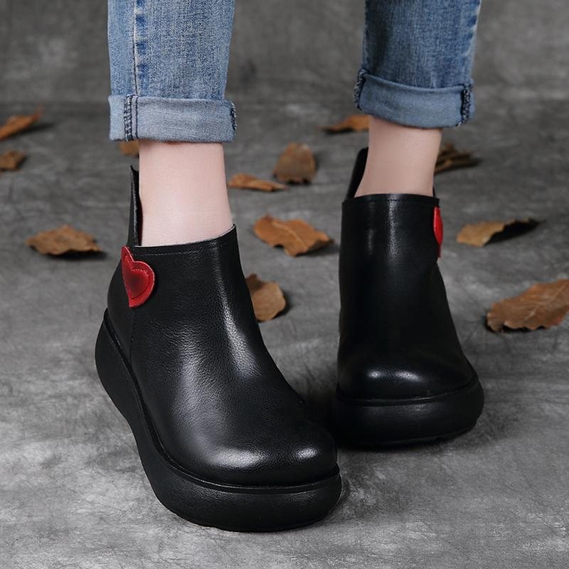 Retro Leather Wedge Back Zipper Boots