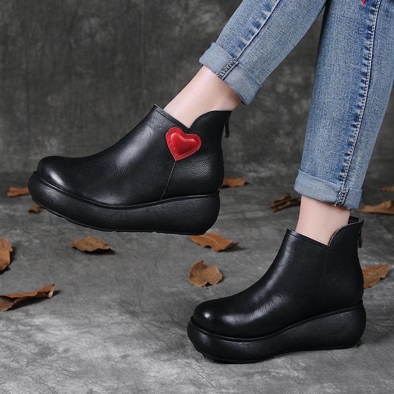 Retro Leather Wedge Back Zipper Boots