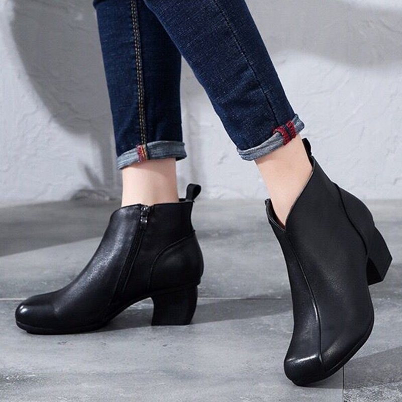 Solid Sideglidelåser I Skinn Chunky Heels Boots