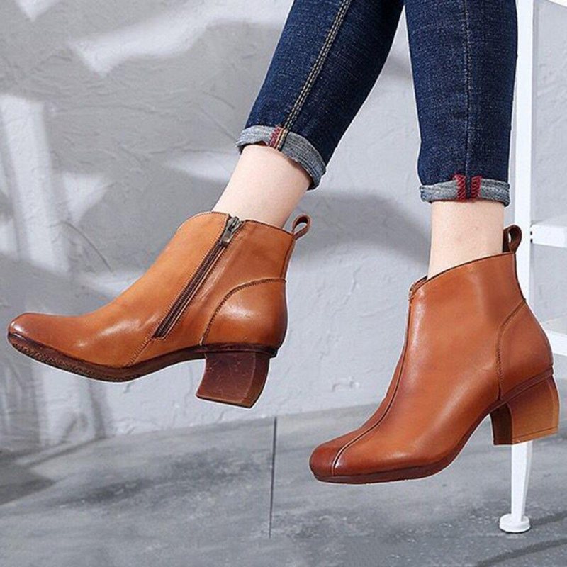 Solid Sideglidelåser I Skinn Chunky Heels Boots