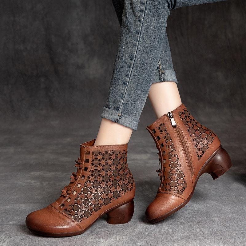 Summer Hollow Retro Leather Floral Fashion Boots