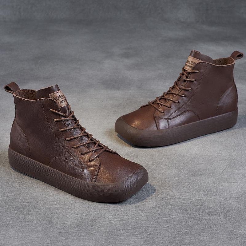 Vår Høst Retro Leather Flat Casual Firkantede Hodestøvler