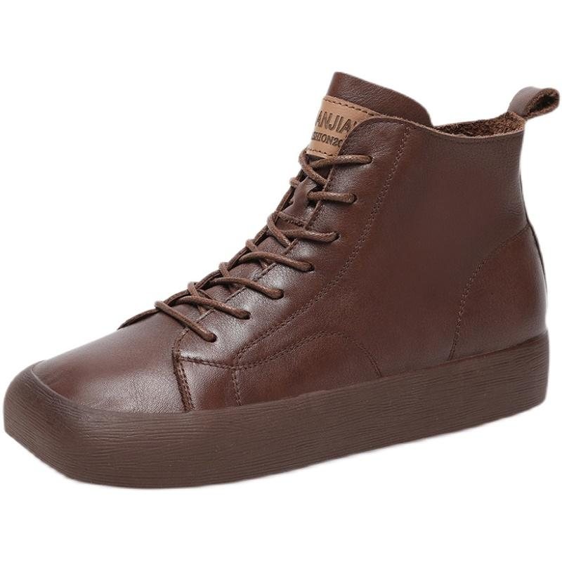 Vår Høst Retro Leather Flat Casual Firkantede Hodestøvler