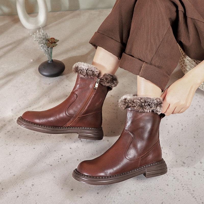 Vinter Retro Lær Plysj Casual Faux Fur Boots