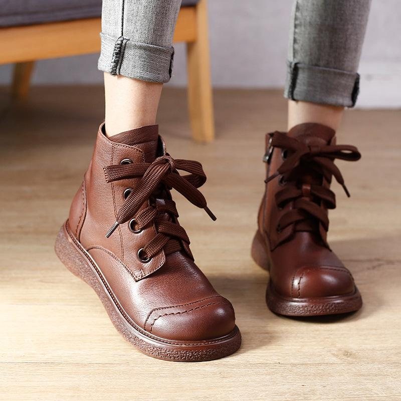 Vinter Retro Patchwork Rundt Hode Leather Casual Boots