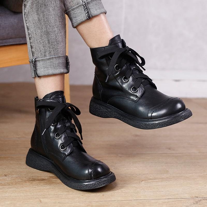 Vinter Retro Patchwork Rundt Hode Leather Casual Boots