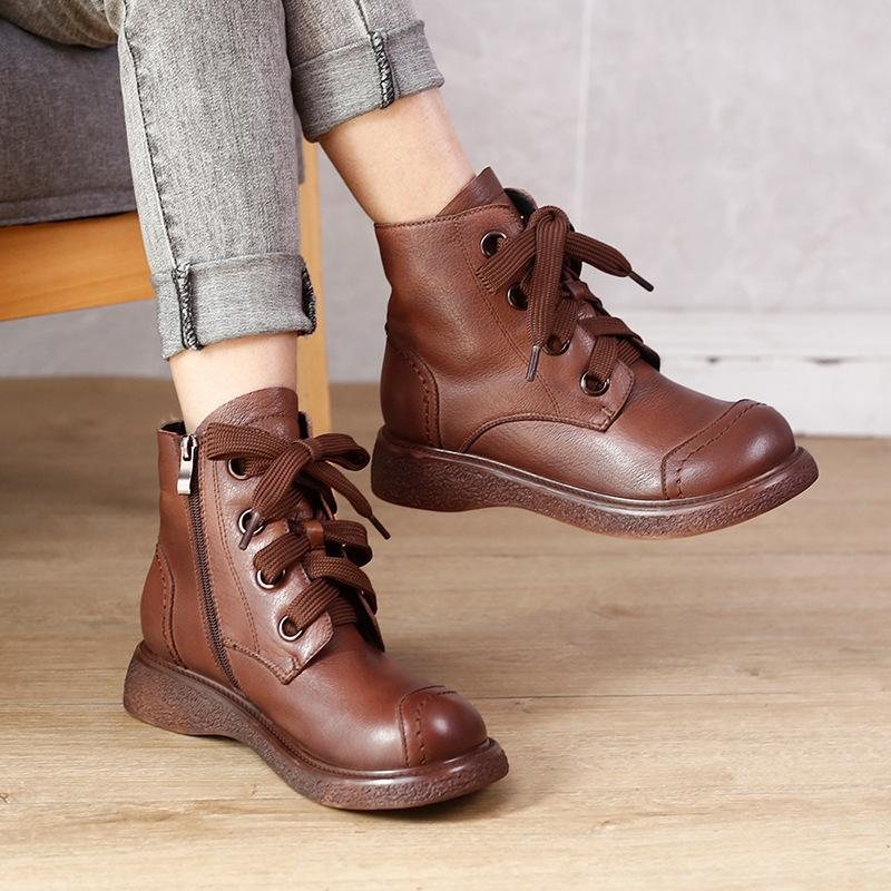 Vinter Retro Patchwork Rundt Hode Leather Casual Boots