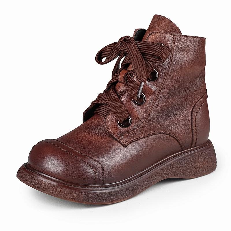 Vinter Retro Patchwork Rundt Hode Leather Casual Boots