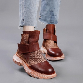 Vinter Vår Retro Leather Mesh Patchwork Casual Boots