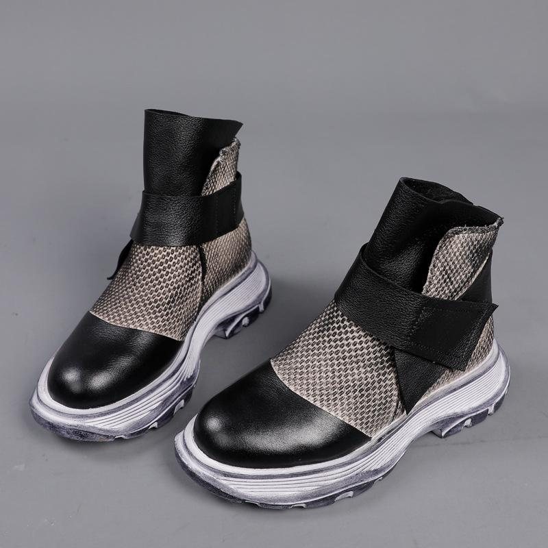 Vinter Vår Retro Leather Mesh Patchwork Casual Boots