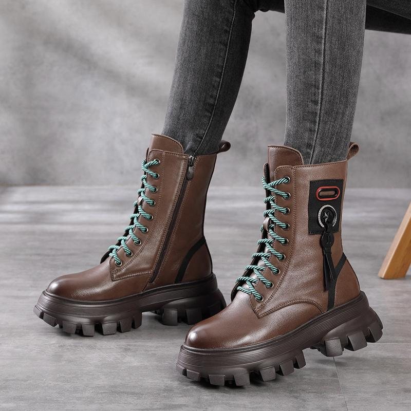 Vinter Vintage Plysj Leather Platform Casual Boots