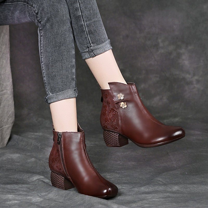 Vinterplysj Retro Leather Floral Decoration Casual Boots