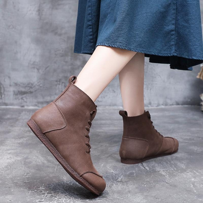 Winter Retro Color Matching Leather Flat Handmade Boots