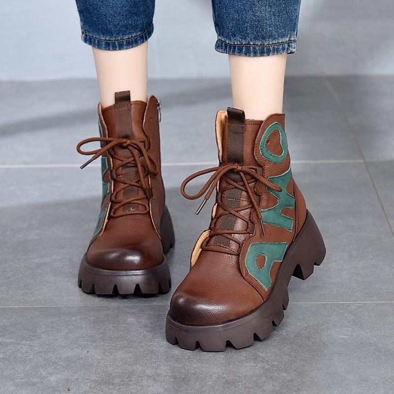 Winter Retro Leather Patchwork Platform Casual Boots