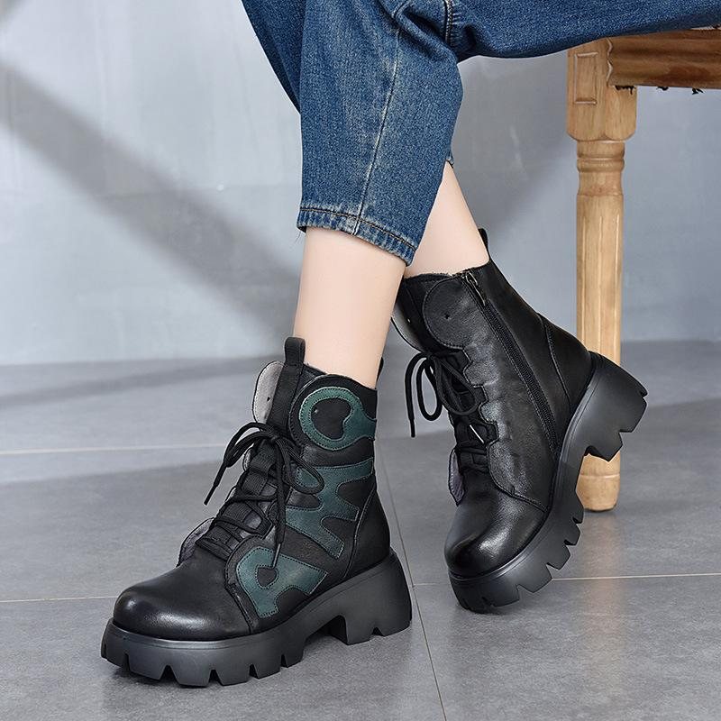 Winter Retro Leather Patchwork Platform Casual Boots