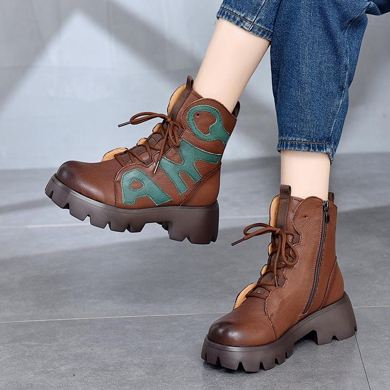 Winter Retro Leather Patchwork Platform Casual Boots