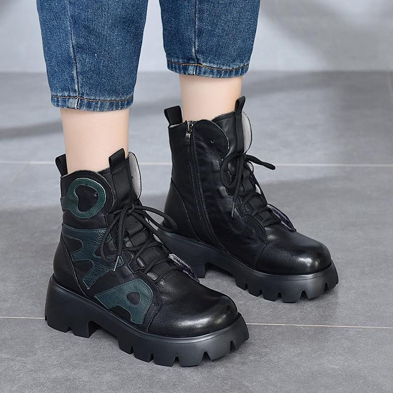 Winter Retro Leather Patchwork Platform Casual Boots