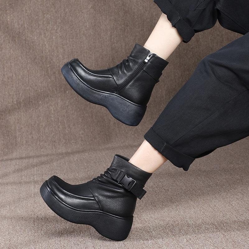 Winter Retro Leather Plysj Platform Glidelås Casual Boots