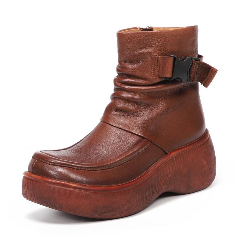 Winter Retro Leather Plysj Platform Glidelås Casual Boots