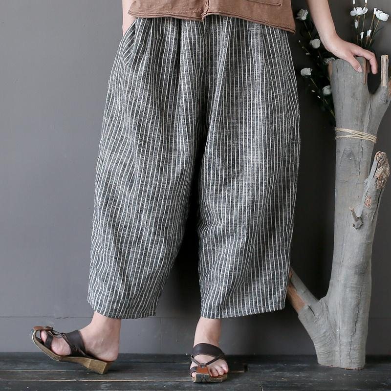 Bomull Lin Casual Striped Wide Leg Bukser