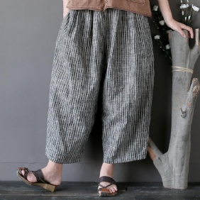 Bomull Lin Casual Striped Wide Leg Bukser