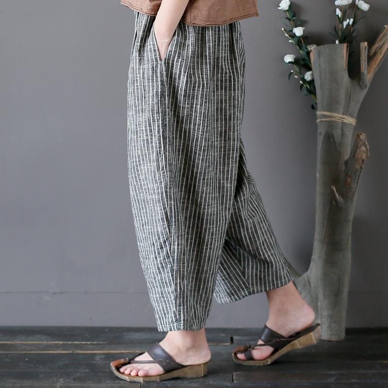 Bomull Lin Casual Striped Wide Leg Bukser