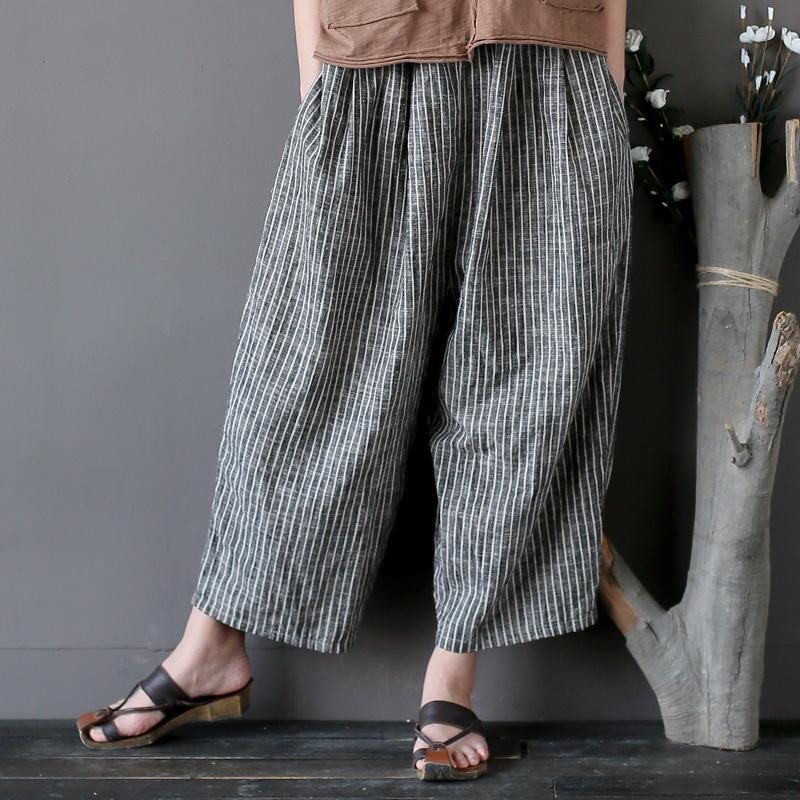 Bomull Lin Casual Striped Wide Leg Bukser