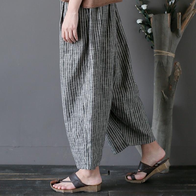 Bomull Lin Casual Striped Wide Leg Bukser