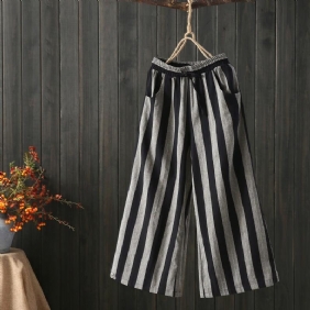 Casual Retro Bomull Lin Stripe Bukser Med Vidde Ben