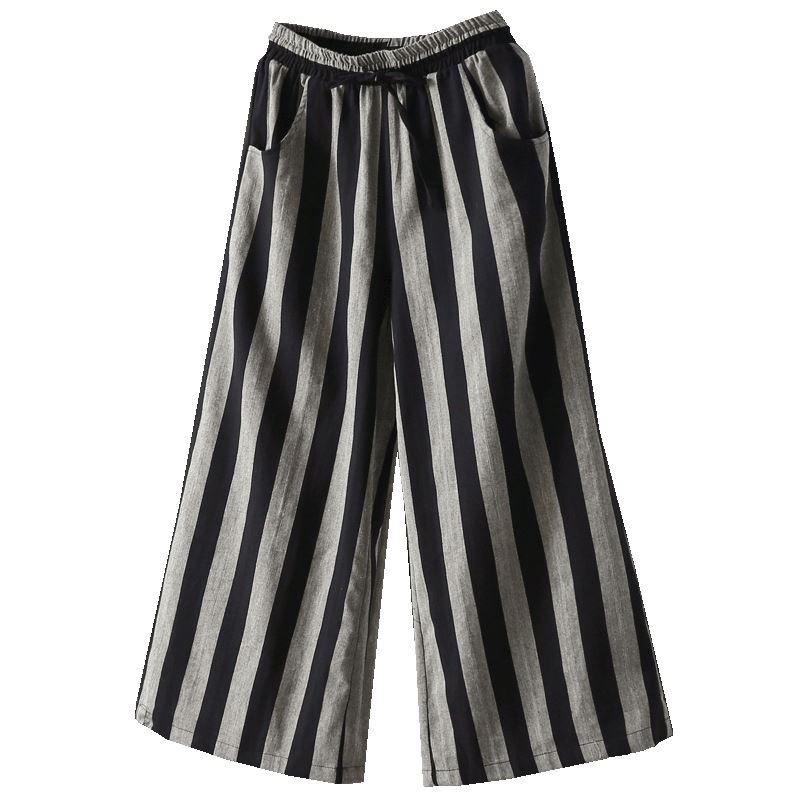 Casual Retro Bomull Lin Stripe Bukser Med Vidde Ben