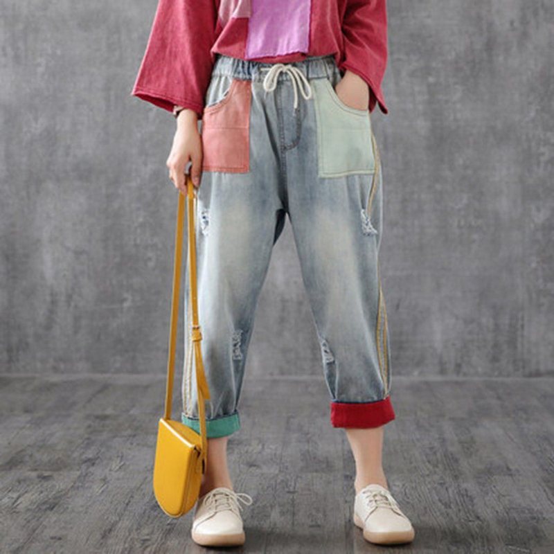 Color Block Elastisk Midje Ragged Leisure Ninth Pants