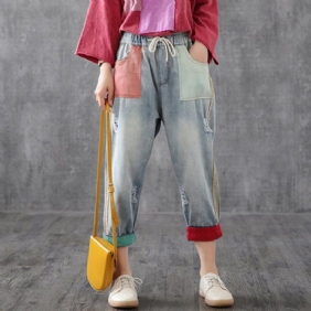 Color Block Elastisk Midje Ragged Leisure Ninth Pants