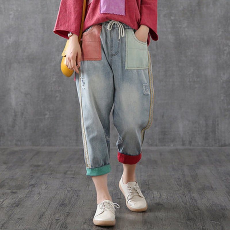 Color Block Elastisk Midje Ragged Leisure Ninth Pants