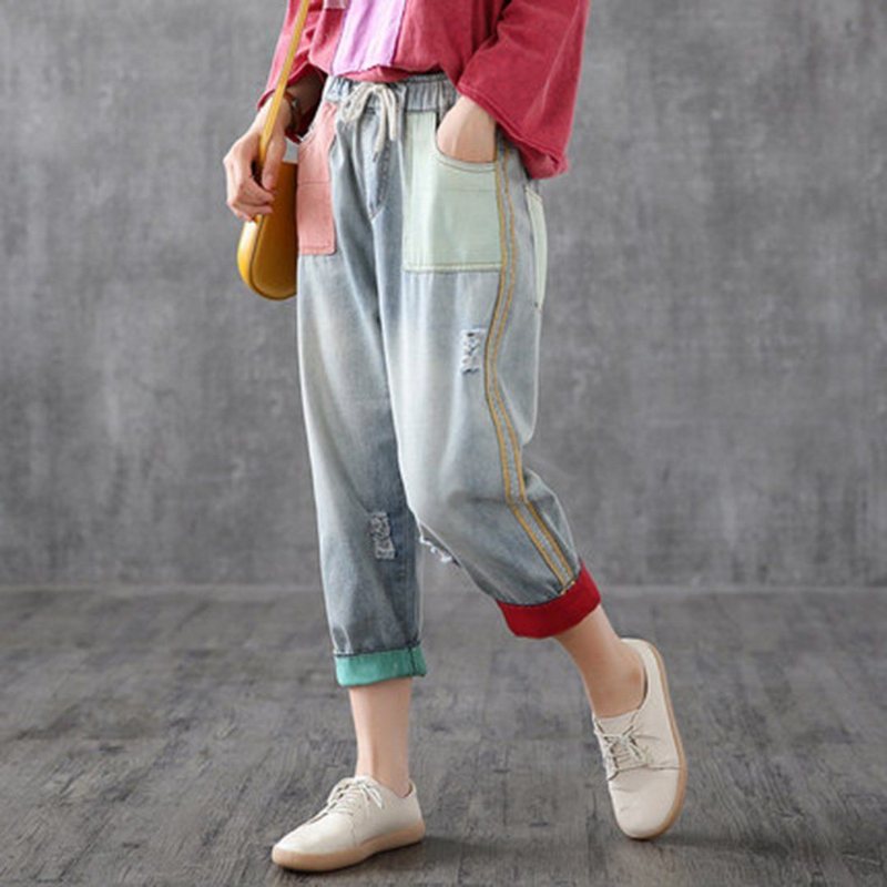 Color Block Elastisk Midje Ragged Leisure Ninth Pants