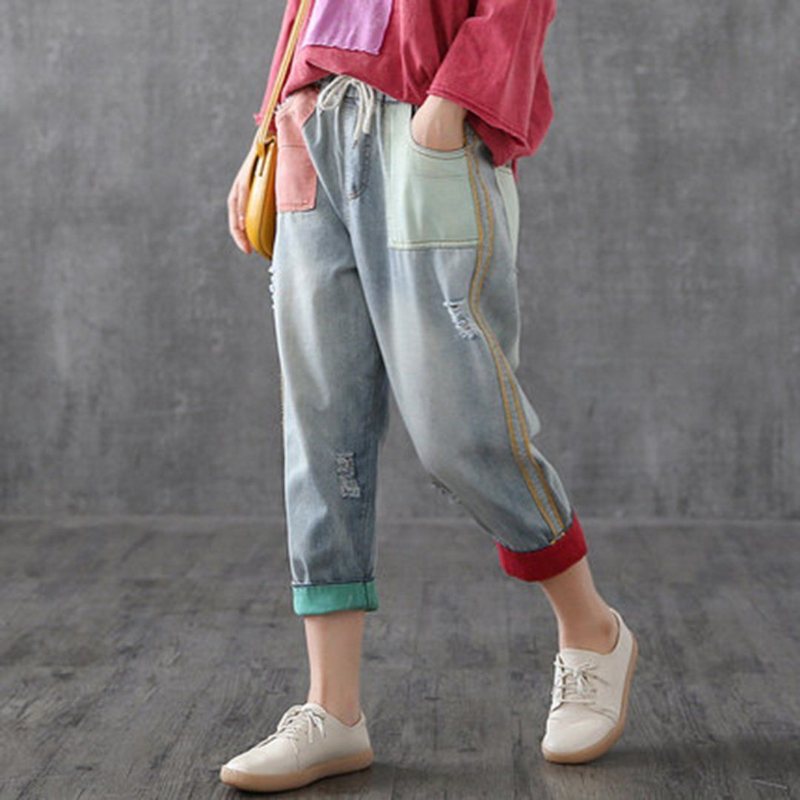 Color Block Elastisk Midje Ragged Leisure Ninth Pants