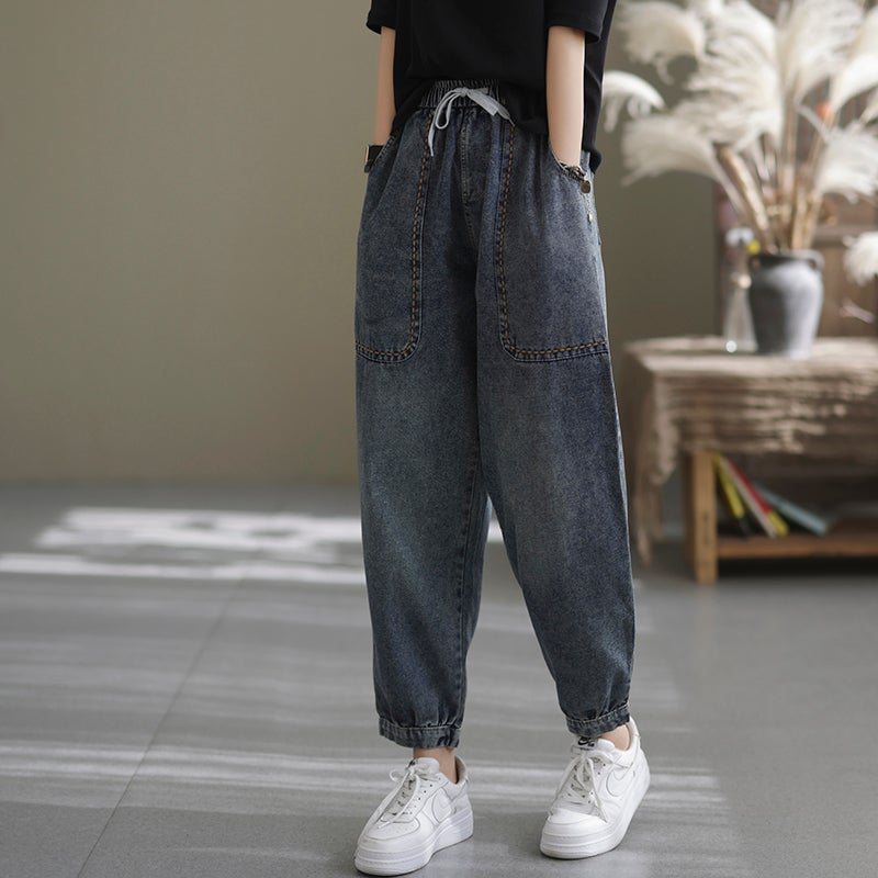 Dame Fjærløs Retro Cotton Casual Harem Jeans