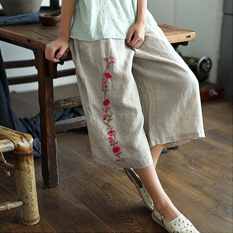 Dame Lin Broderi Casual Wide Leg Bukser