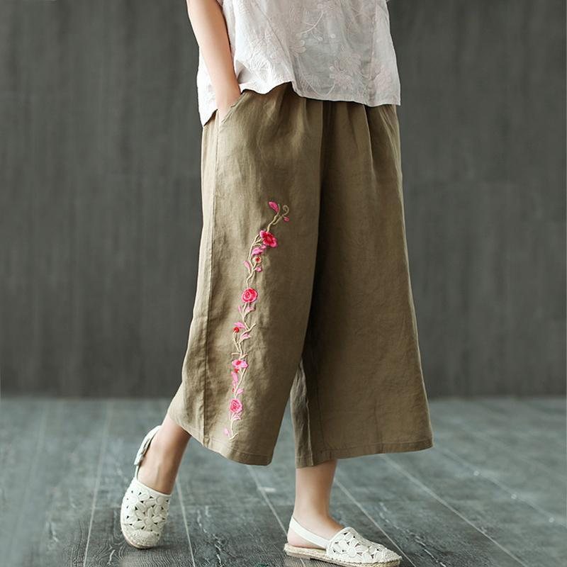 Dame Lin Broderi Casual Wide Leg Bukser