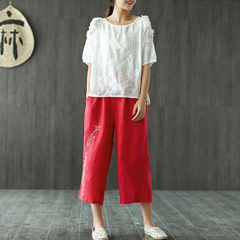 Dame Lin Broderi Casual Wide Leg Bukser