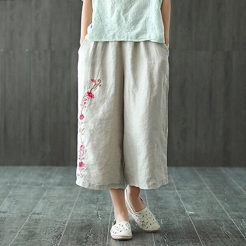 Dame Lin Broderi Casual Wide Leg Bukser