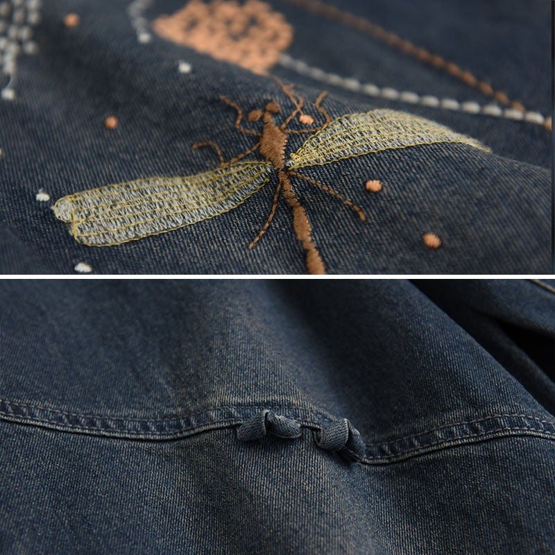 Dame Løs Våren Retro Dragonfly Broderi Bomull Jeans