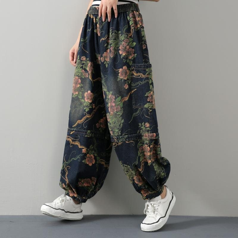 Dame Retro Blomsterprint Bomulls Denimbukser