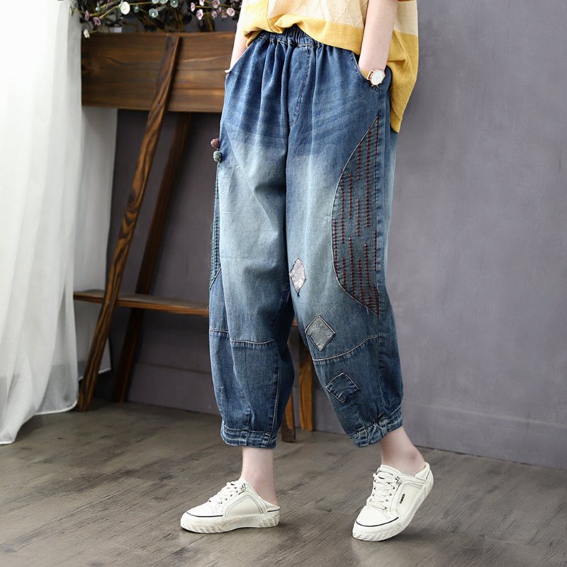 Dame Sommer Vintage Broderi Tynne Bomullsjeans