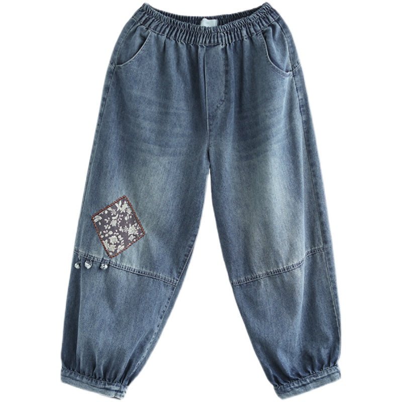 Dame Våren Retro Broderi Løs Bomull Jeans